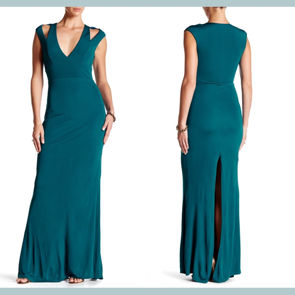 NWT $360 ABS by Allen Schwartz Split Deep V-Neck Gown in Peacock [SZ XS‎ ]